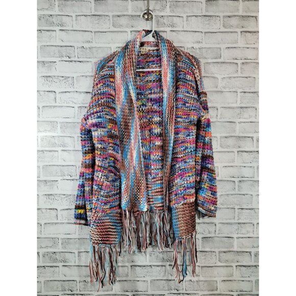 NWOT POL Knit Tassel Fringe Colorful Open Front Cardigan Sweater Cozy Oversize S - Picture 2 of 6